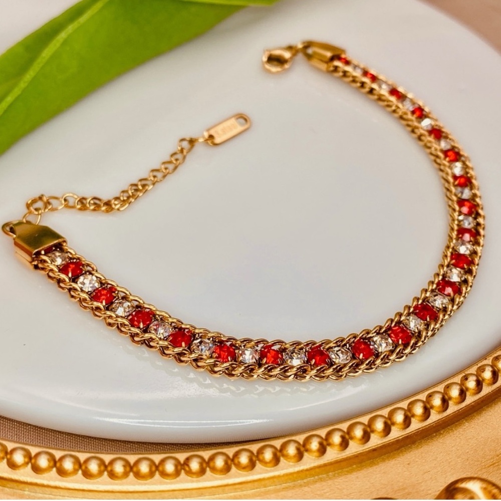 Gold and Red Stone Chain Bracelet